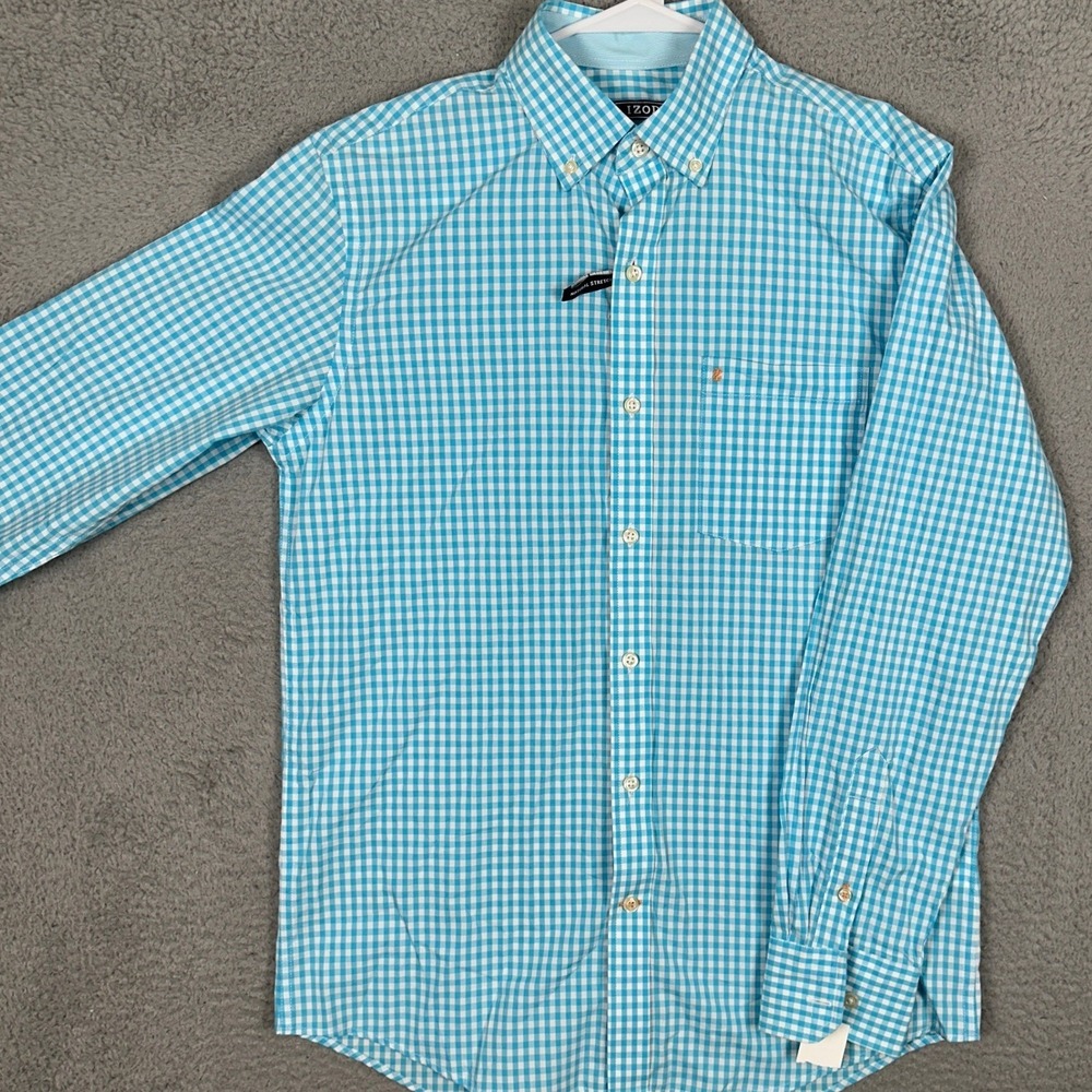 NEW IZOD Shirt Men Small Blue White Premium Essentials Button Down Gingham Check